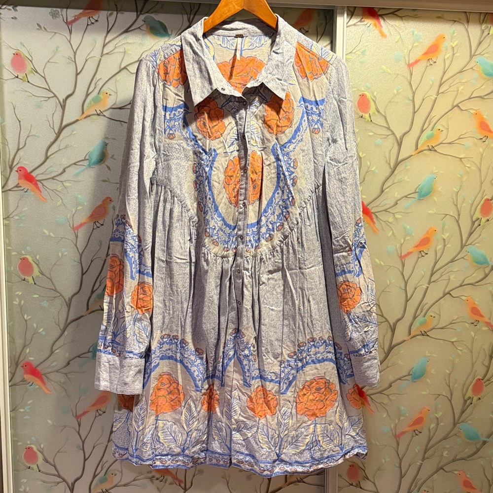 Free People Blue and Orange Floral Top